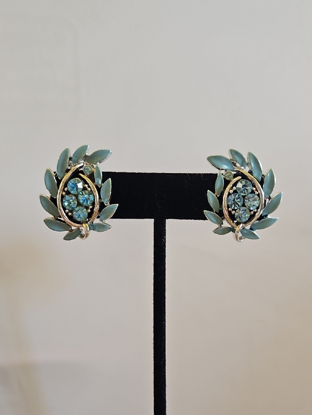 Vintage Blue Aqua Rhinedtone Enamel Leaf Clip-On Earrings - Picture 2 of 6